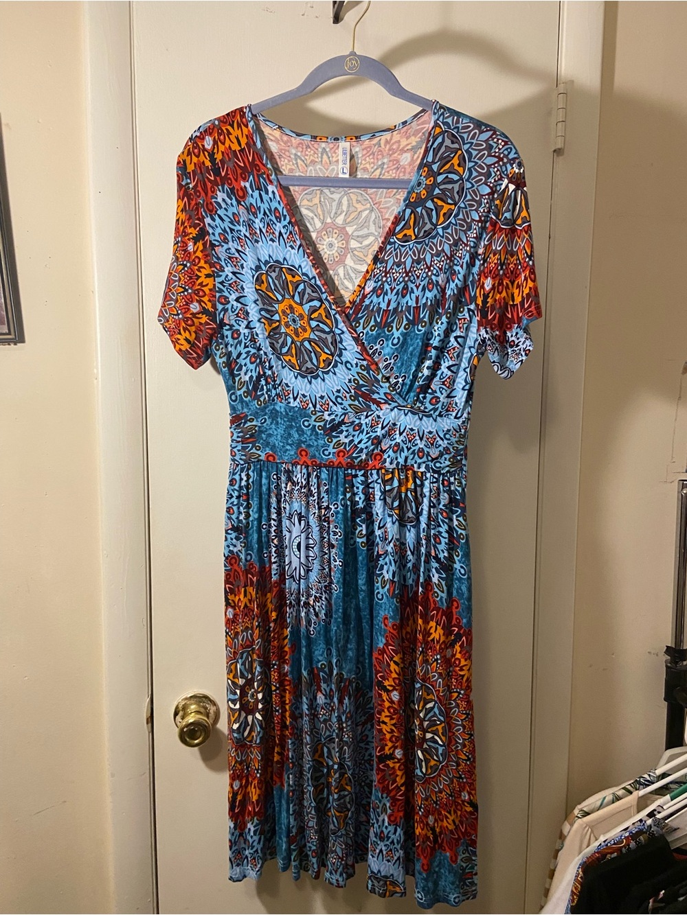 Vibrant Blue & Orange Wrap-Style Midi Dress